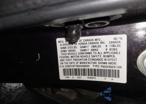 2016 Honda Civic Ex z USA, uszkodzony, nr VIN 2HGFC2F7XGH556020